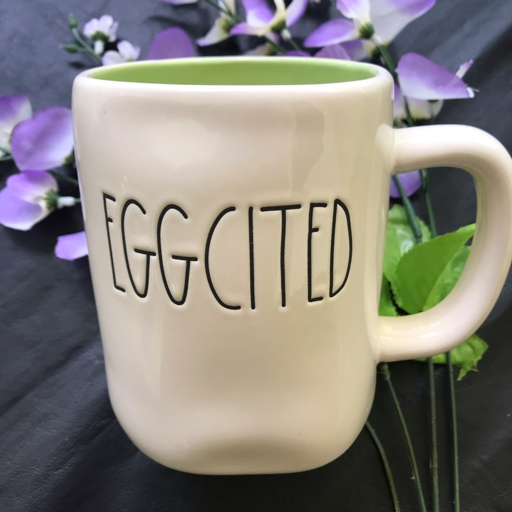 Rae Dunn Mug Cup Eggcited 18oz white Green inside
